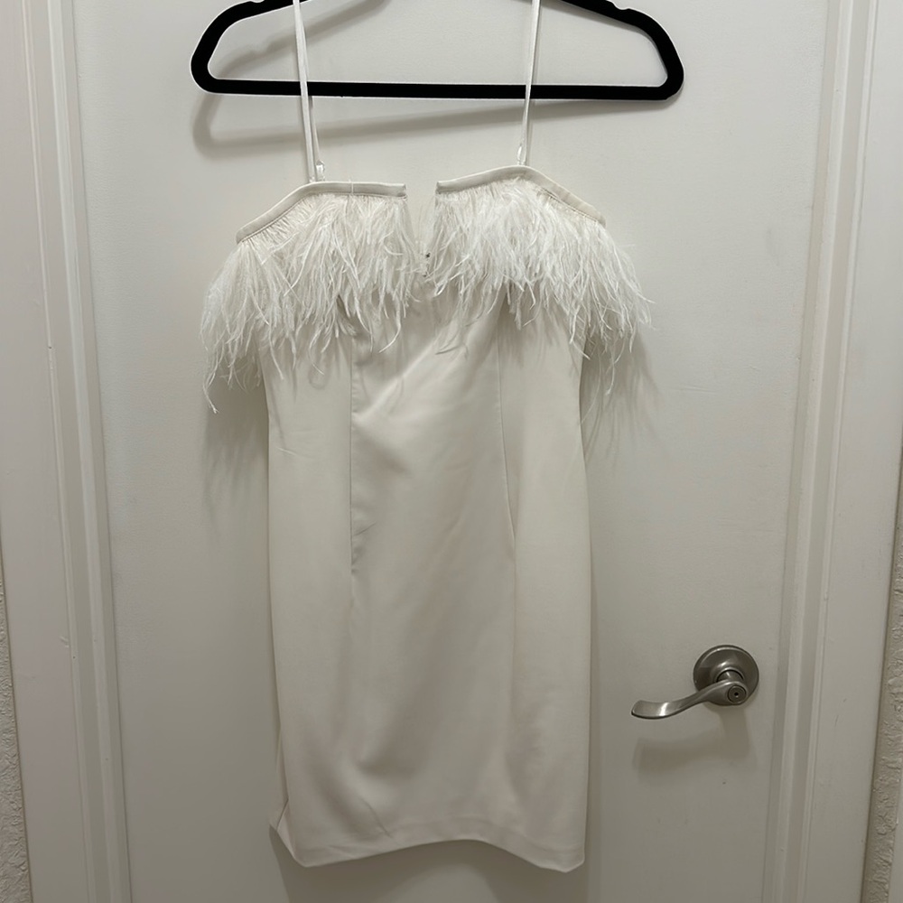 Aidan by Aidan Mattox Feather Trim White Sheath Short Mini Dress